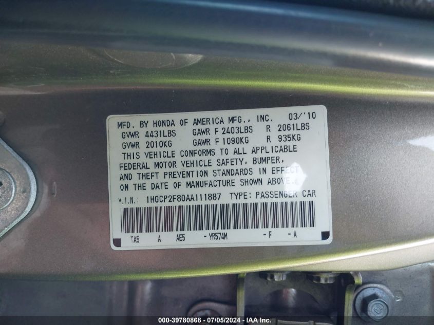2010 Honda Accord 2.4 Ex-L VIN: 1HGCP2F80AA111887 Lot: 39780868