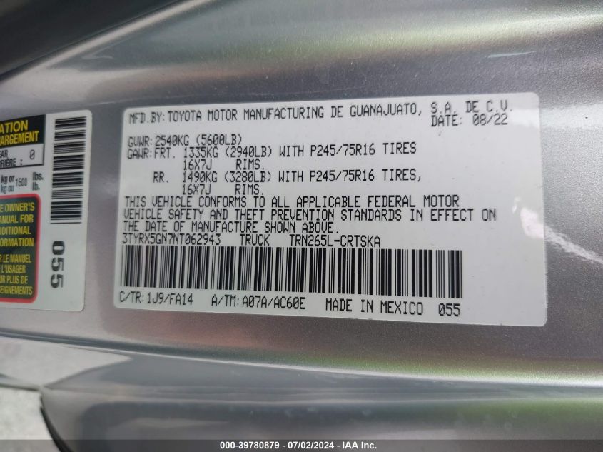 2022 Toyota Tacoma Sr5 VIN: 3TYRX5GN7NT062943 Lot: 39780879