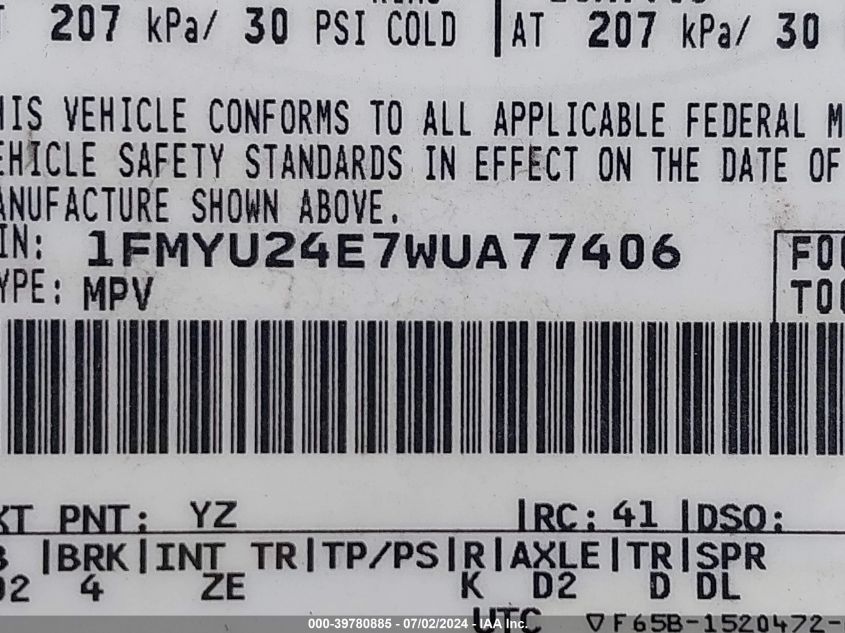 1998 Ford Explorer Sport VIN: 1FMYU24E7WUA77406 Lot: 39780885