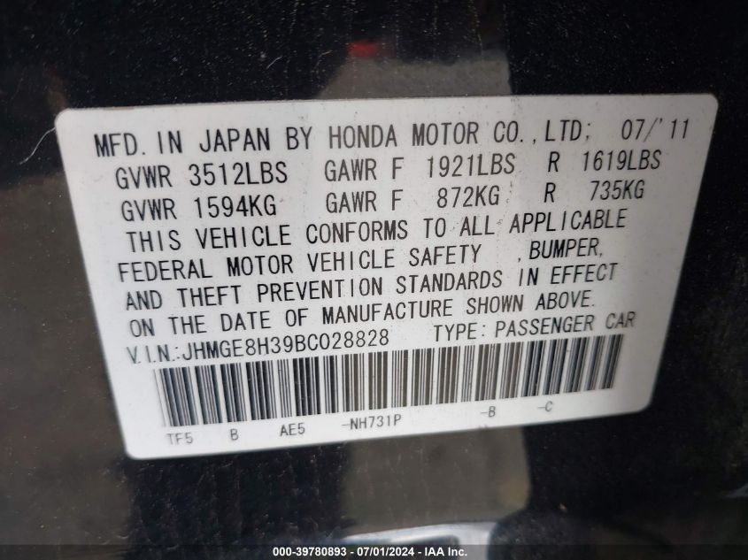 2011 Honda Fit VIN: JHMGE8H39BC028828 Lot: 39780893