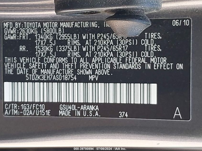 5TDZK3EH7AS018754 2010 Toyota Highlander Base V6