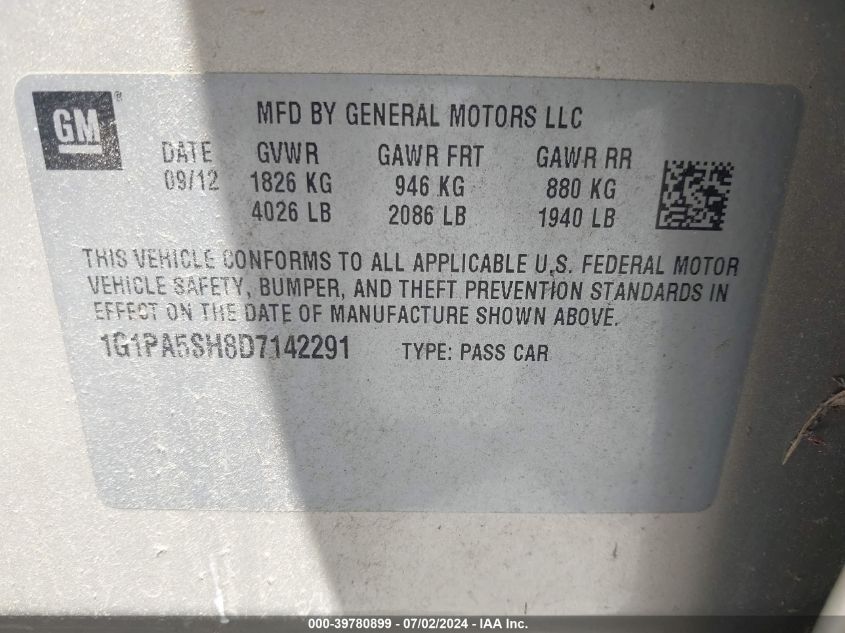 2013 Chevrolet Cruze Ls Auto VIN: 1G1PA5SH8D7142291 Lot: 39780899