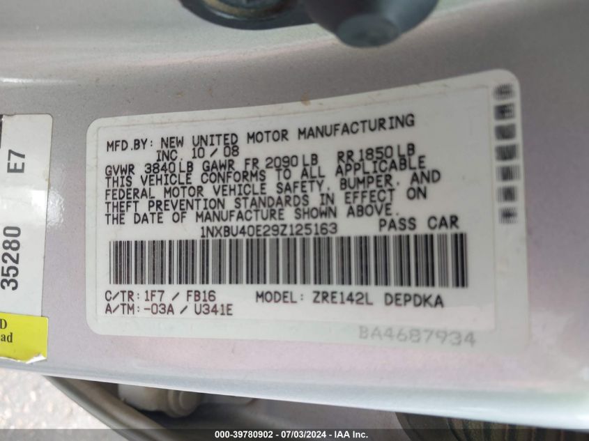 2009 Toyota Corolla Le VIN: 1NXBU40E29Z125163 Lot: 39780902