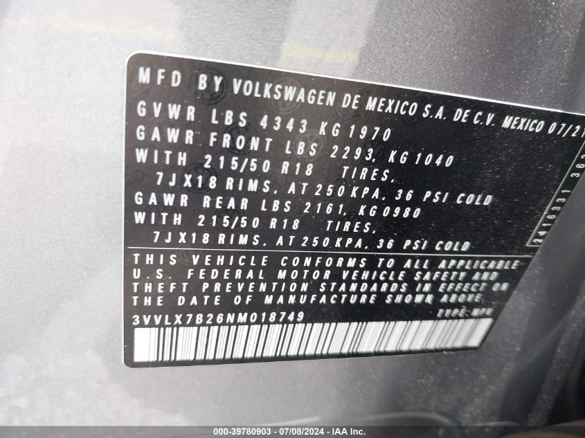 2022 Volkswagen Taos 1.5T Se VIN: 3VVLX7B26NM018749 Lot: 39780903