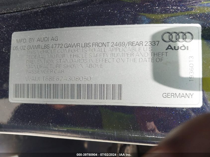 2002 Audi A4 3.0 VIN: WAULT68E62A308050 Lot: 39780904