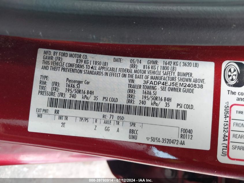 2014 FORD FIESTA SE - 3FADP4EJ5EM240838