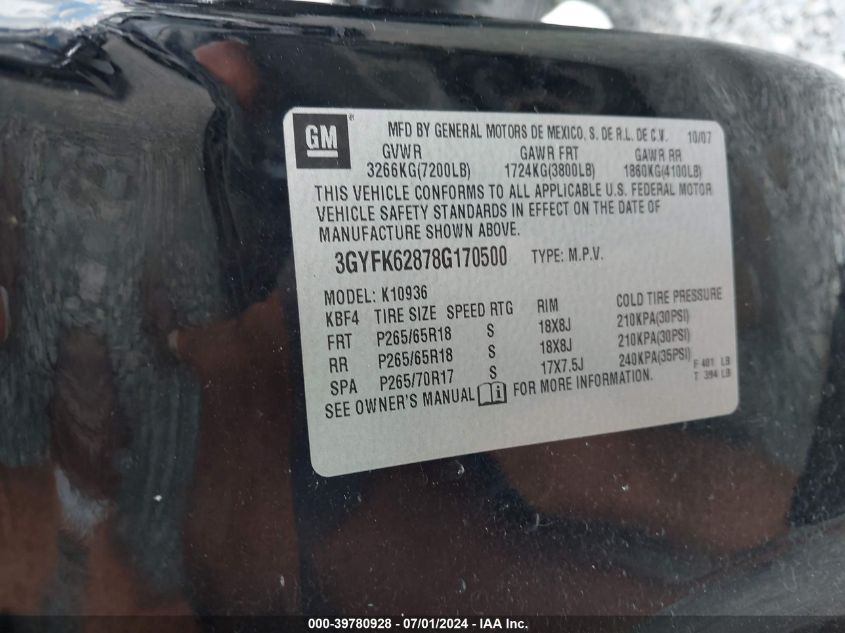 2008 Cadillac Escalade Ext Standard VIN: 3GYFK62878G170500 Lot: 39780928