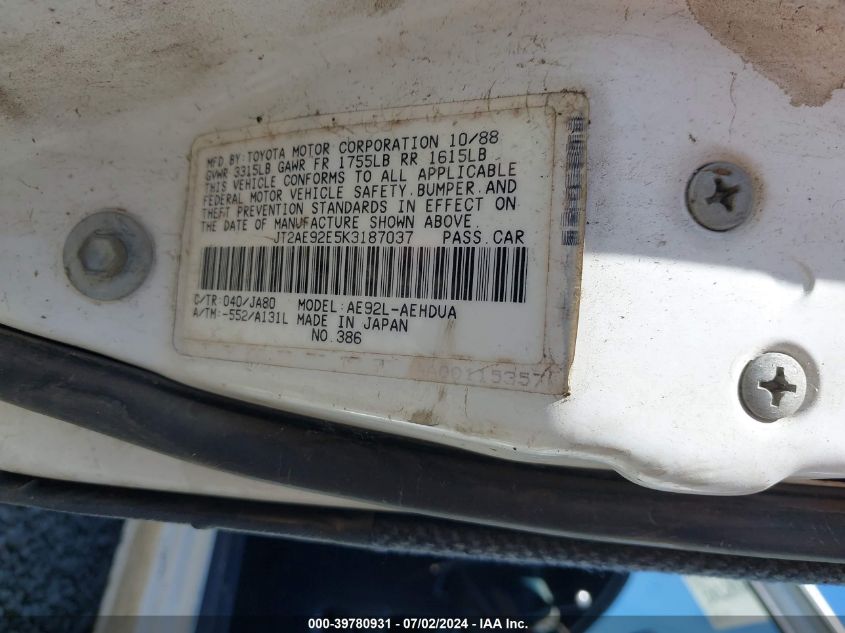 1989 Toyota Corolla Dlx VIN: JT2AE92E5K3187037 Lot: 39780931