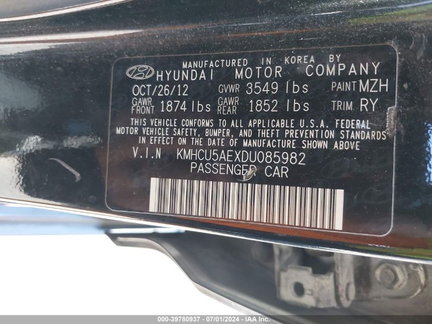 2013 Hyundai Accent Se VIN: KMHCU5AEXDU085982 Lot: 39780937