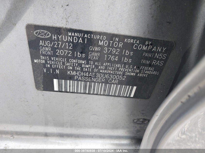 2013 Hyundai Elantra Limited VIN: KMHDH4AE3DU630052 Lot: 39780938