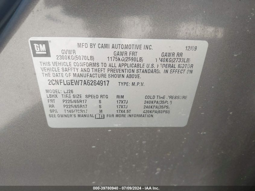 2010 Chevrolet Equinox Ltz VIN: 2CNFLGEW7A6284917 Lot: 39780940