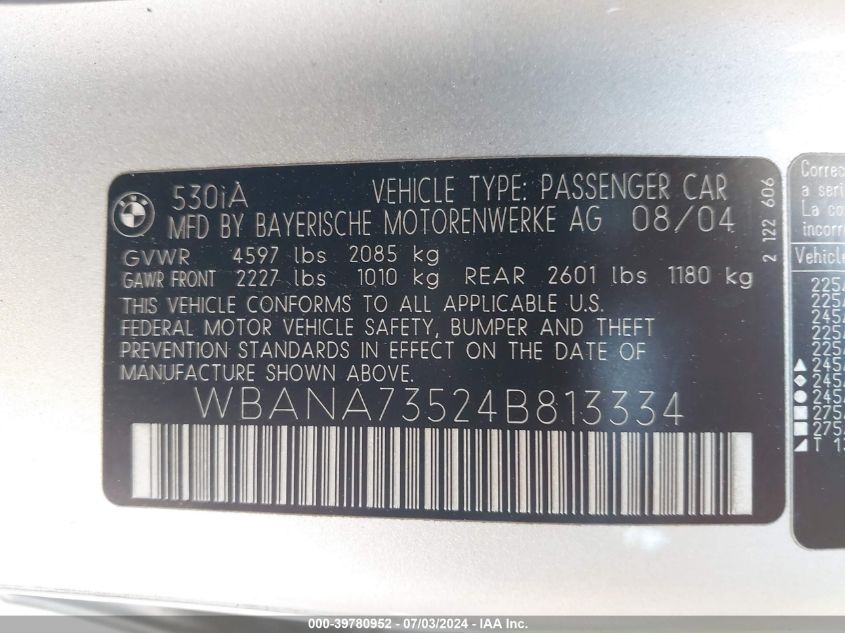 2004 BMW 530I VIN: WBANA73524B813334 Lot: 39780952