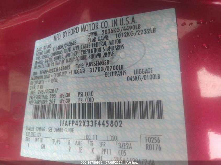 2003 Ford Mustang Gt VIN: 1FAFP42X33F445802 Lot: 39780972