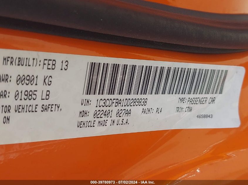 2013 Dodge Dart Sxt VIN: 1C3CDFBA1DD289838 Lot: 39780973