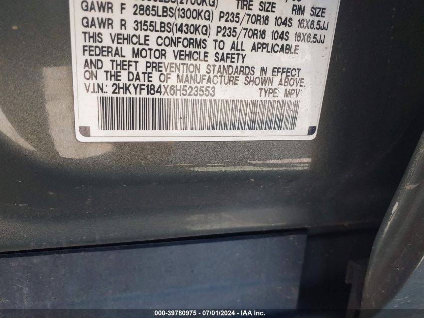 2006 Honda Pilot Ex VIN: 2HKYF184X6H523553 Lot: 39780975