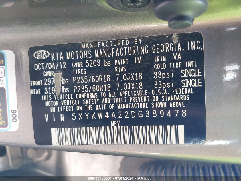 2013 Kia Sorento Sx VIN: 5XYKW4A22DG389478 Lot: 39780981