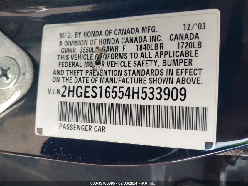 2004 Honda Civic Lx VIN: 2HGES16554H533909 Lot: 39780985