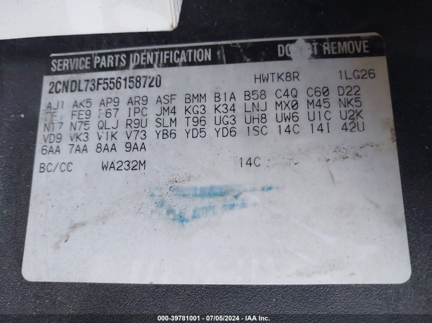 2005 Chevrolet Equinox Lt VIN: 2CNDL73F556158720 Lot: 39781001