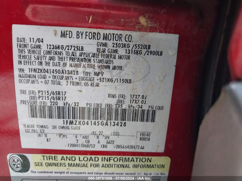 2005 Ford Freestyle Se VIN: 1FMZK04145GA13428 Lot: 39781006