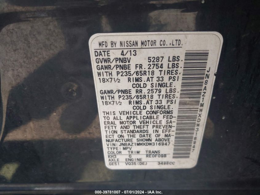 2013 Nissan Murano Sv VIN: JN8AZ1MWXDW316947 Lot: 39781007