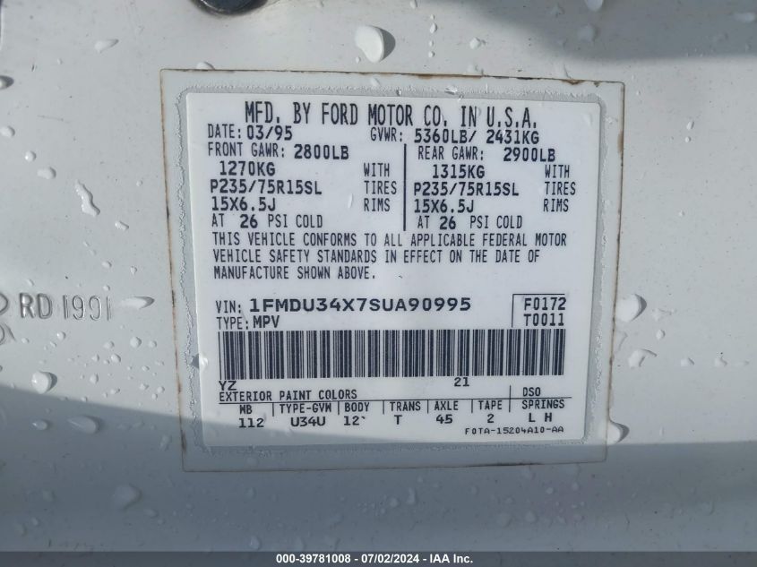 1995 Ford Explorer VIN: 1FMDU34X7SUA90995 Lot: 39781008