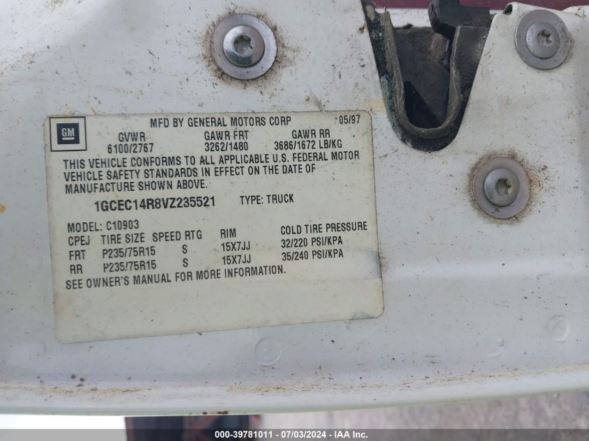 1997 Chevrolet Gmt-400 C1500 VIN: 1GCEC14R8VZ235521 Lot: 39781011