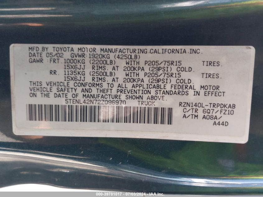 2002 Toyota Tacoma VIN: 5TENL42N72Z096970 Lot: 39781017