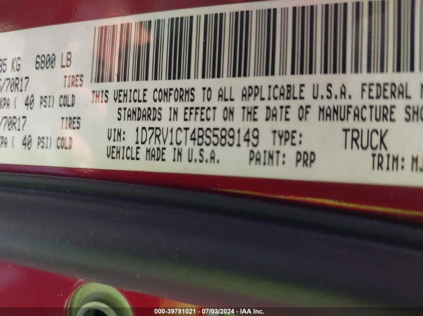 2011 Dodge Ram 1500 VIN: 1D7RV1CT4BS589149 Lot: 39781021