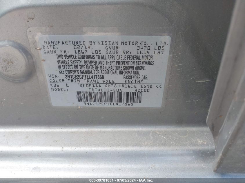 2014 Nissan Versa Note Sv VIN: 3N1CE2CP1EL417868 Lot: 39781031