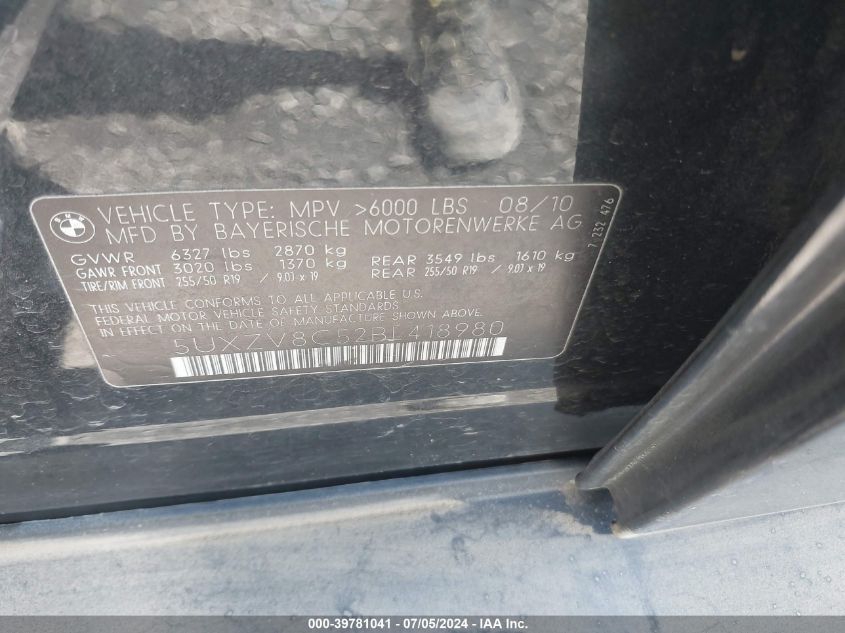 2011 BMW X5 xDrive50I VIN: 5UXZV8C52BL418980 Lot: 39781041