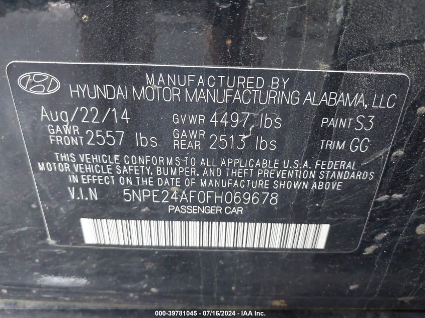 2015 Hyundai Sonata Se VIN: 5NPE24AF0FH069678 Lot: 39781045