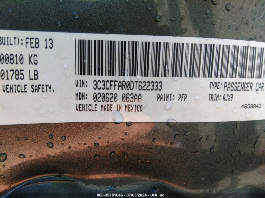 2013 Fiat 500 Pop VIN: 3C3CFFAR0DT622333 Lot: 39781046