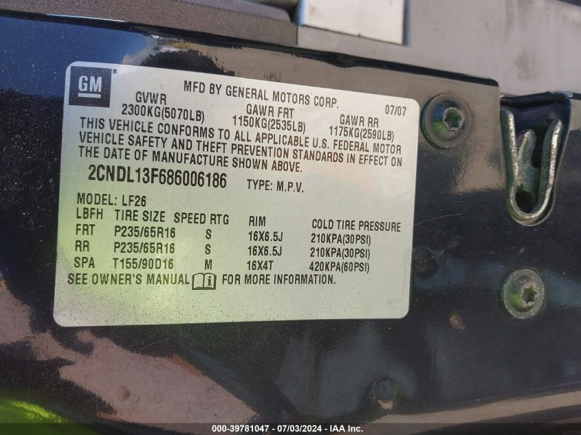 2CNDL13F686006186 2008 Chevrolet Equinox Ls