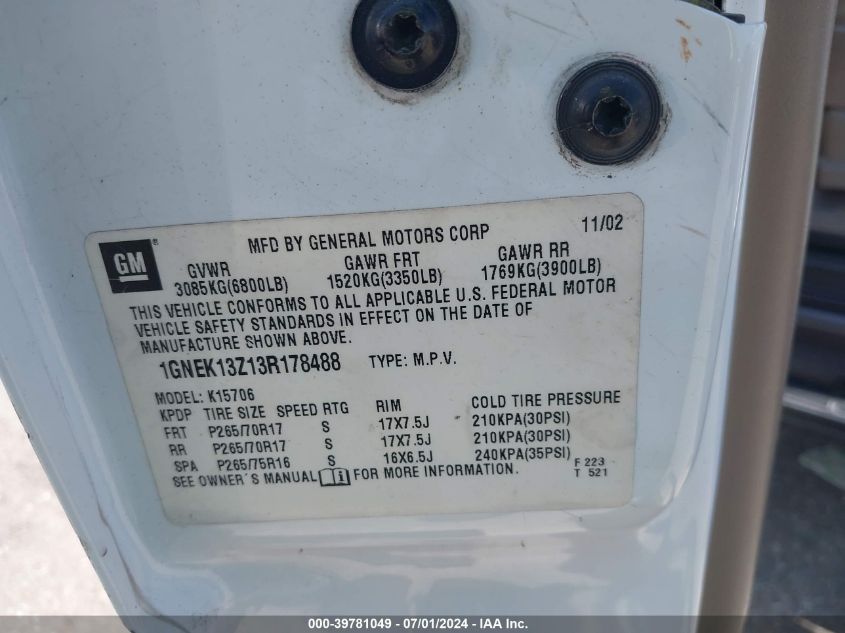 2003 Chevrolet Tahoe Z71 VIN: 1GNEK13Z13R178488 Lot: 39781049