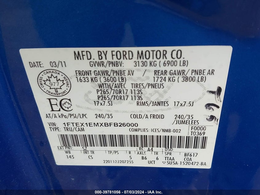 2011 Ford F-150 Stx VIN: 1FTEX1EMXBFB26000 Lot: 39781056