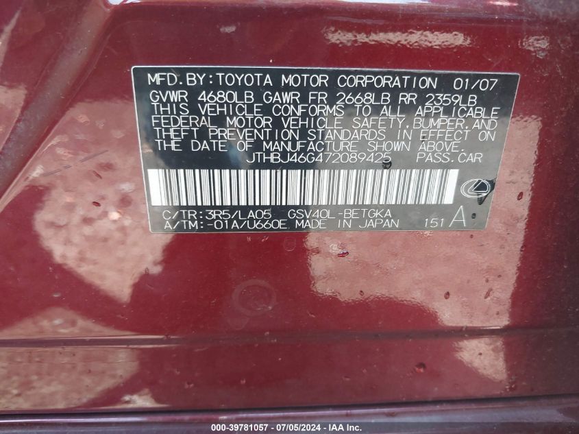 2007 Lexus Es 350 VIN: JTHBJ46G472089425 Lot: 39781057