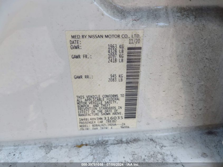 2021 Nissan Altima Sv Fwd VIN: 1N4BL4DV3MN316035 Lot: 39781058