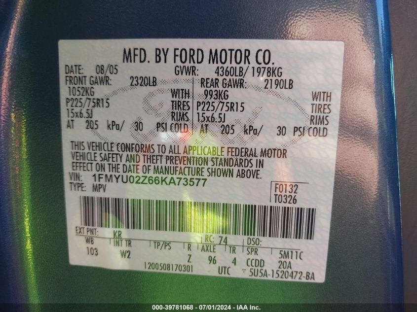 2006 Ford Escape Xls/Xls Manual VIN: 1FMYU02Z66KA73577 Lot: 39781068