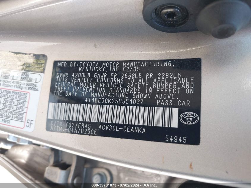 2005 Toyota Camry Le VIN: 4T1BE30K25U551037 Lot: 39781073