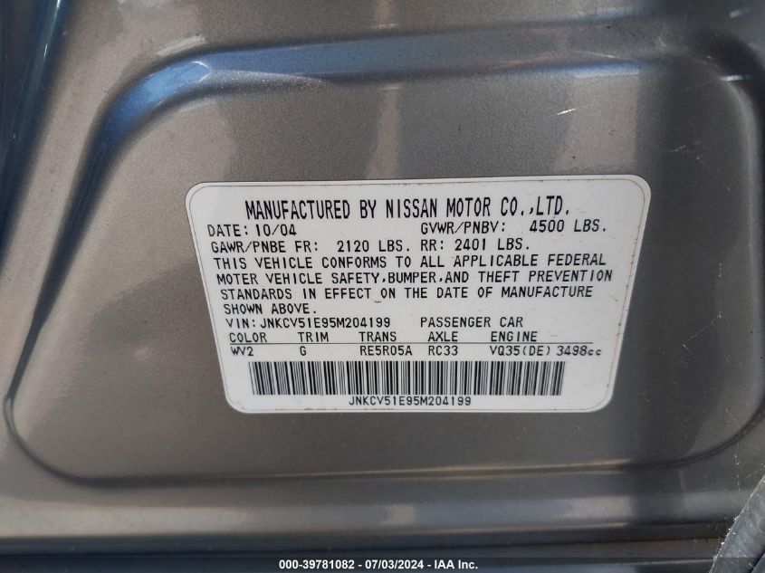 2005 Infiniti G35 VIN: JNKCV51E95M204199 Lot: 39781082