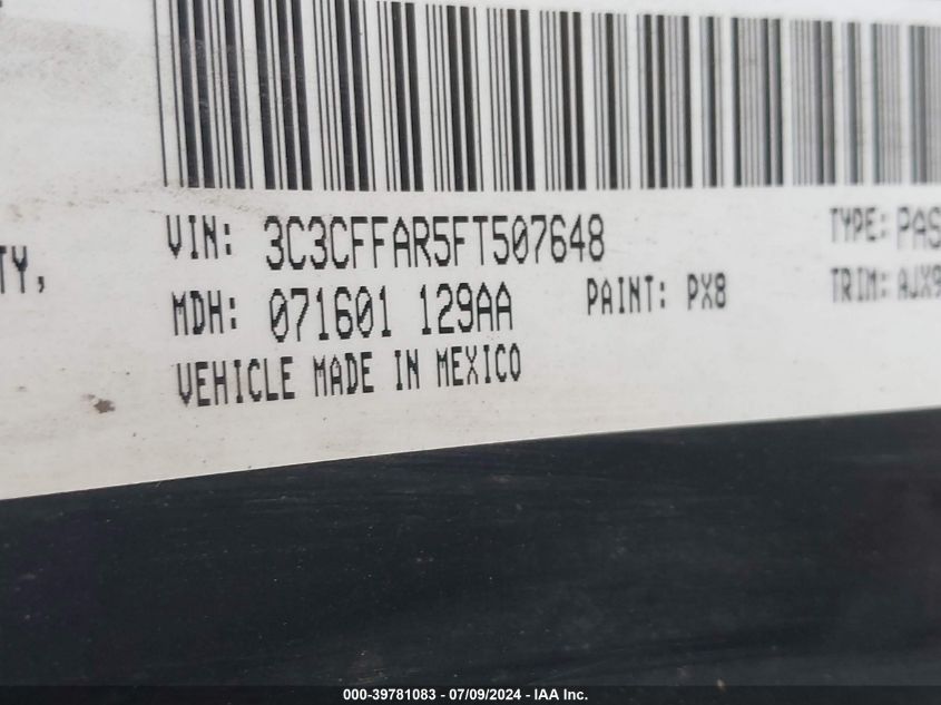 2015 Fiat 500 Pop VIN: 3C3CFFAR5FT507648 Lot: 39781083