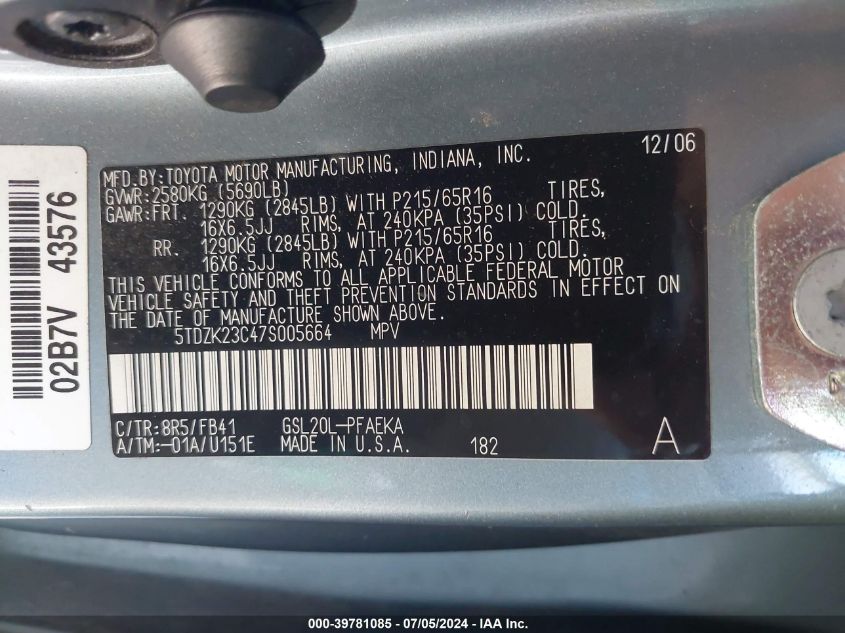 2007 Toyota Sienna Ce VIN: 5TDZK23C47S005664 Lot: 39781085