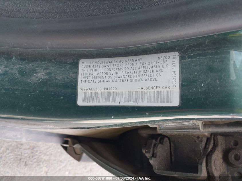 2001 Volkswagen Passat Gls VIN: WVWAC63B81P010201 Lot: 39781088