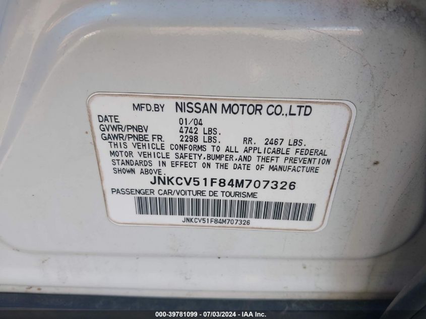 2004 Infiniti G35X VIN: JNKCV51F84M707326 Lot: 39781099