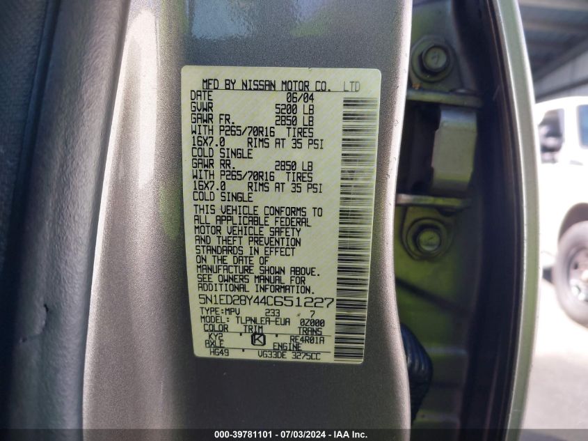 2004 Nissan Xterra Xe VIN: 5N1ED28Y44C651227 Lot: 39781101