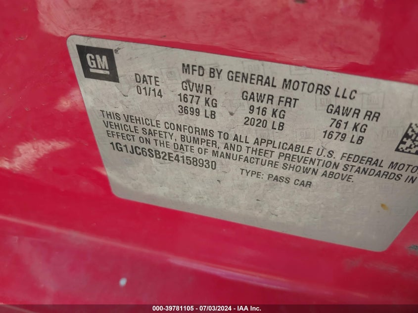 2014 Chevrolet Sonic Lt Auto VIN: 1G1JC6SB2E4158930 Lot: 39781105