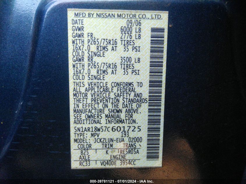 2007 Nissan Pathfinder Se Off-Road VIN: 5N1AR18W57C601725 Lot: 39781121