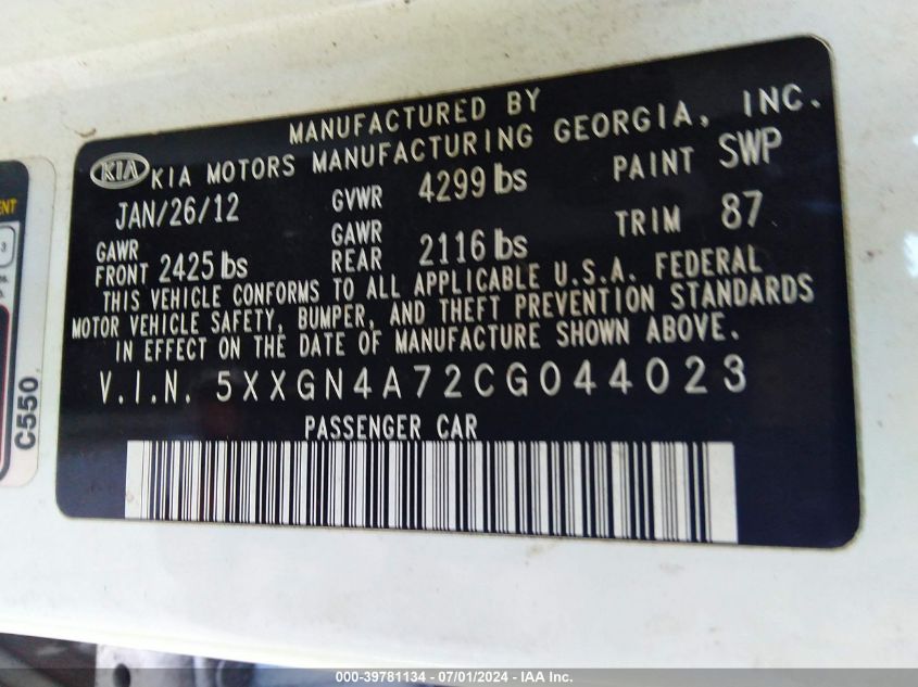 2012 Kia Optima Ex VIN: 5XXGN4A72CG044023 Lot: 39781134