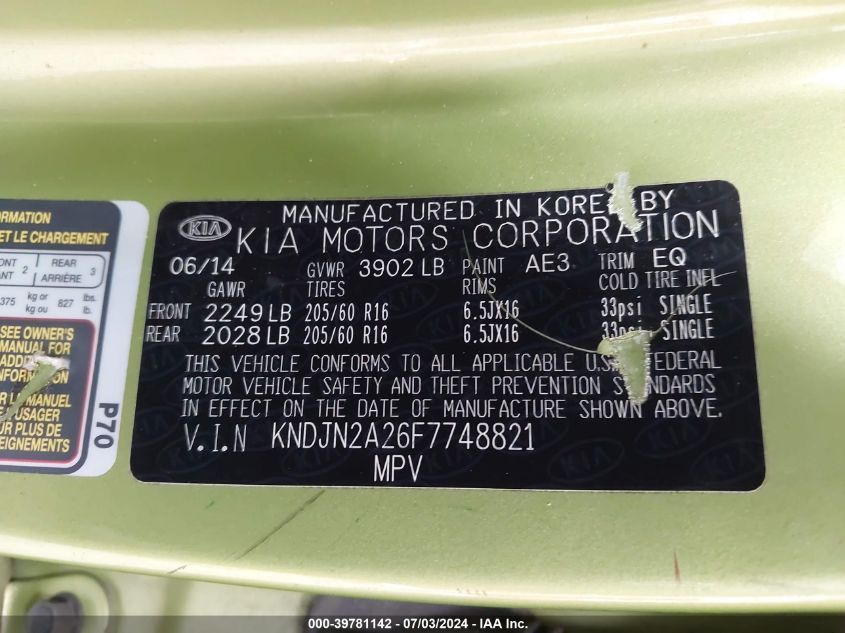 KNDJN2A26F7748821 | 2015 KIA SOUL