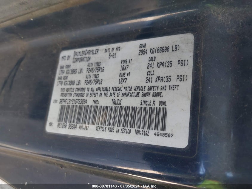 2001 Dodge Ram 1500 St VIN: 3B7HF13Y31G793204 Lot: 39781143